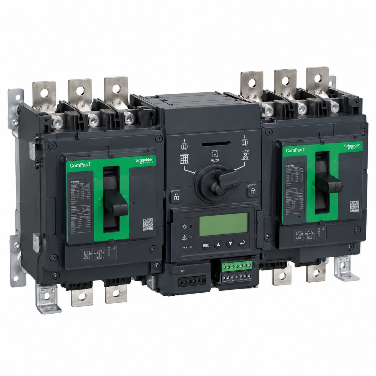 Bộ chuyển nguồn ATS ComPacT NS/NSX Schneider trên nền trắng, ảnh sản phẩm chính diện