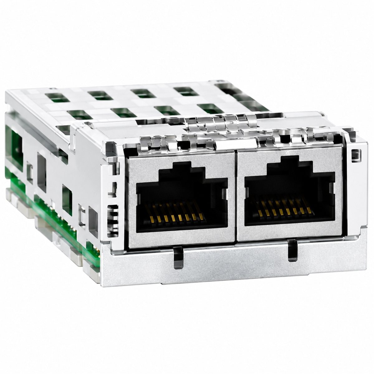 Mô-đun truyền thông Modbus TCP và EtherNet/IP cho ATV320 Schneider trên nền trắng, ảnh sản phẩm chính diện