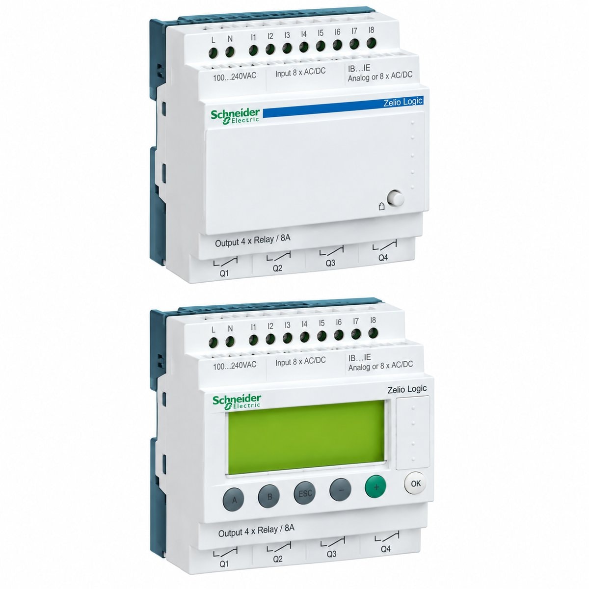 Rơ le thông minh có thể lập trình Zelio Logic Schneider trên nền trắng, ảnh sản phẩm chính diện
