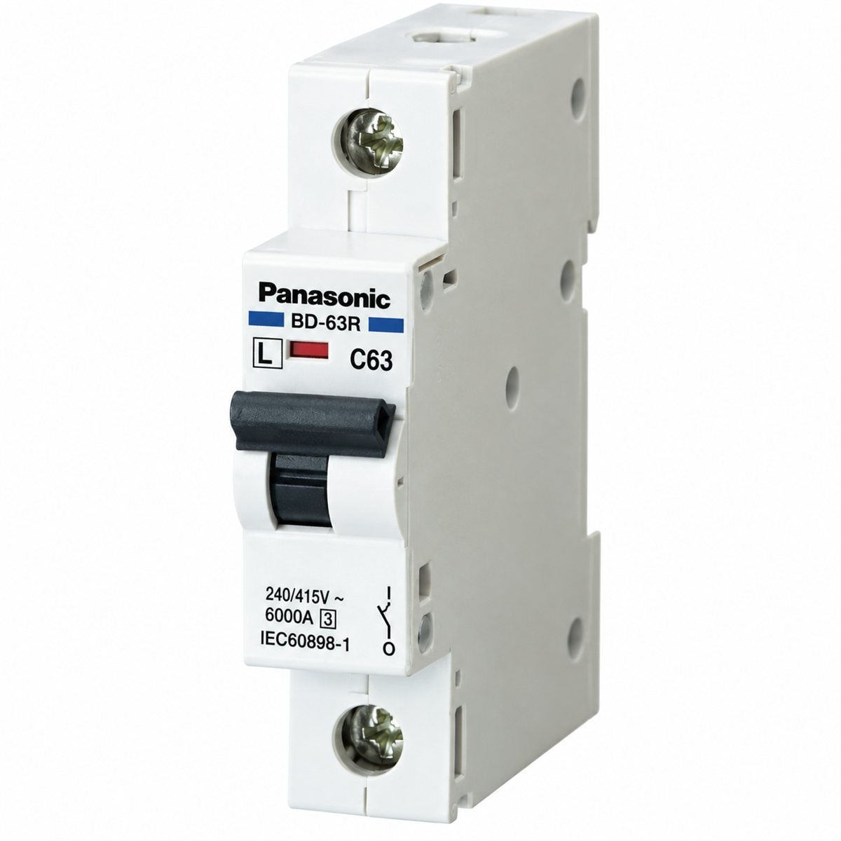 Cầu dao tự động MCB DIN Panasonic trên nền trắng, ảnh sản phẩm chính diện