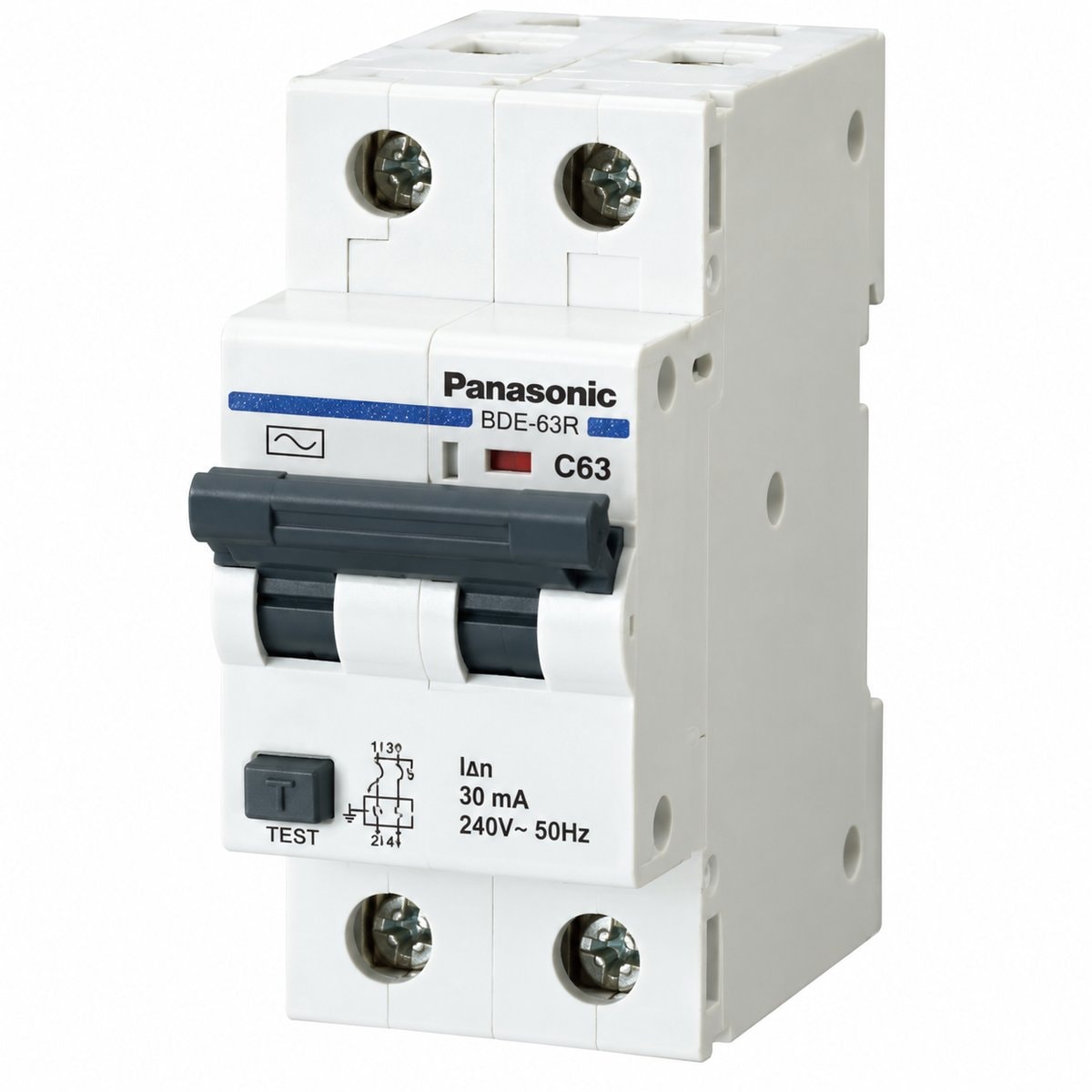 Cầu dao RCBO và RCCB chống rò Panasonic trên nền trắng, ảnh sản phẩm chính diện