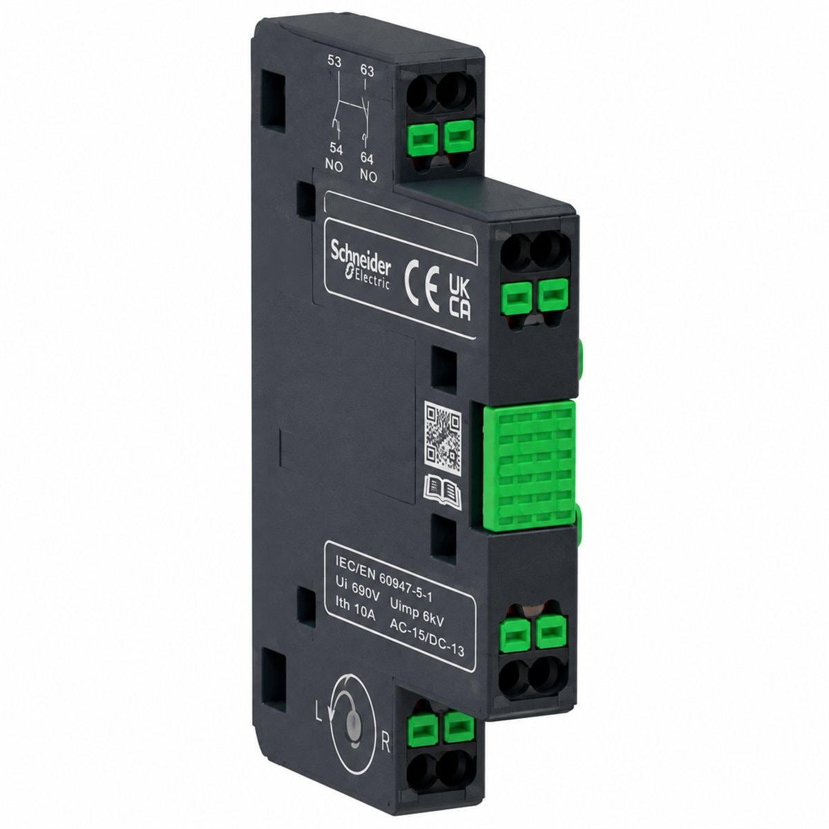 Mô-đun tiếp điểm phụ push-in TeSys Giga Schneider trên nền trắng, ảnh sản phẩm chính diện