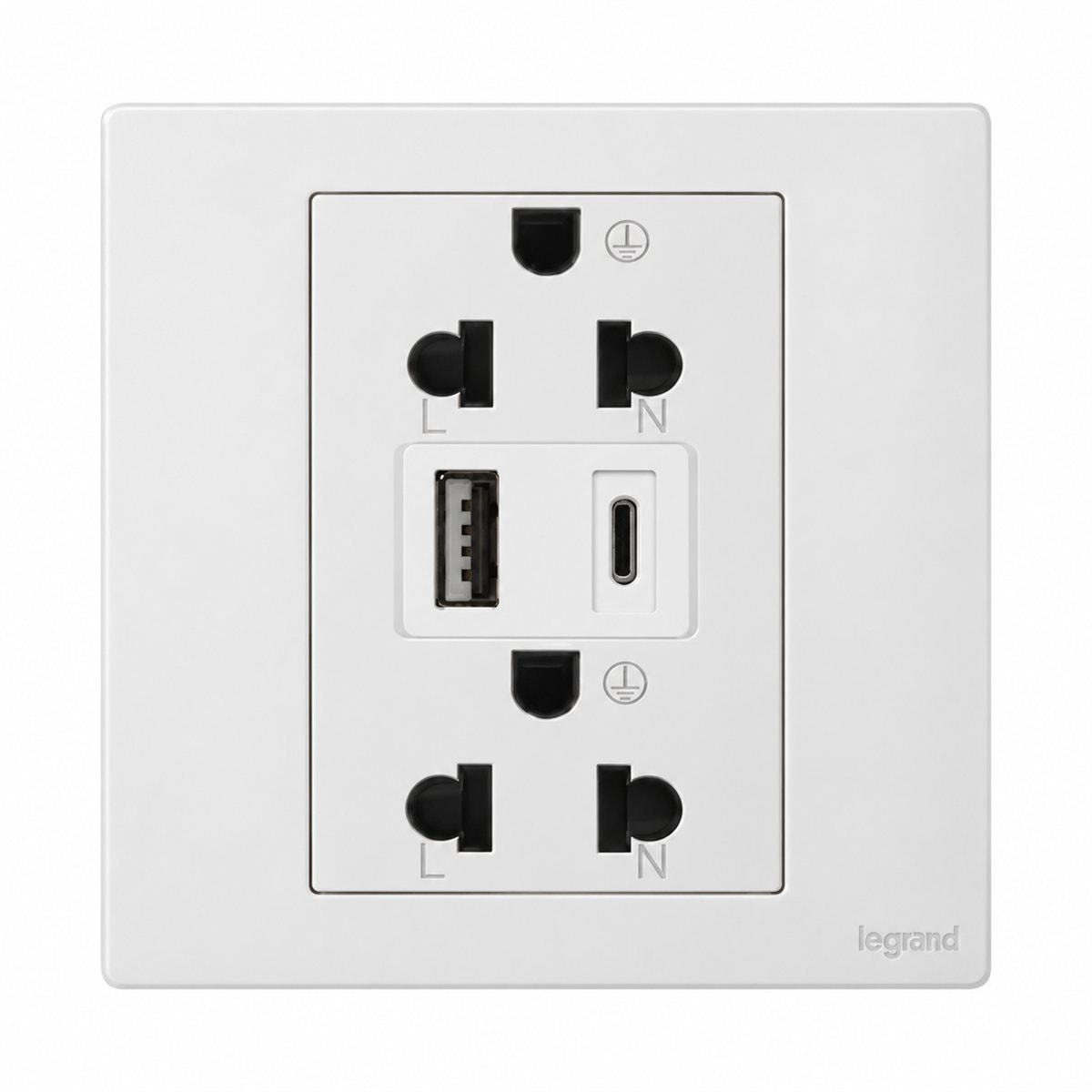 Ổ cắm đôi 3 chấu và ổ sạc USB Type A + Type C Mallia Senses Legrand trên nền trắng, ảnh sản phẩm chính diện