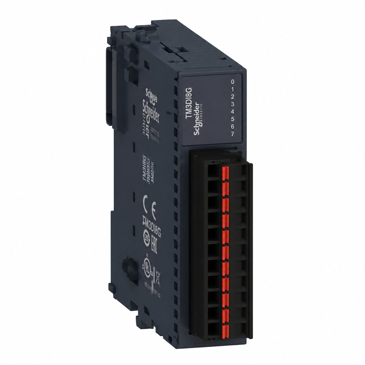 Mô-đun I/O số TM3 Modicon Schneider trên nền trắng, ảnh sản phẩm chính diện