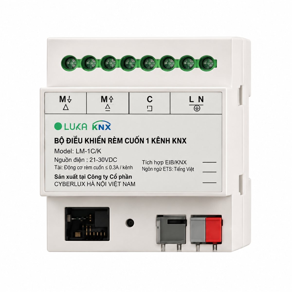 Bộ điều khiển rèm cuốn 1 kênh KNX Luka trên nền trắng, ảnh sản phẩm chính diện