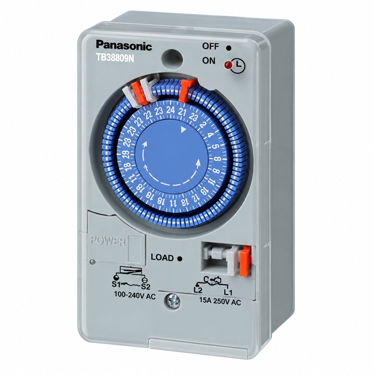 Công tắc đồng hồ hẹn giờ 24h Panasonic trên nền trắng, ảnh sản phẩm chính diện