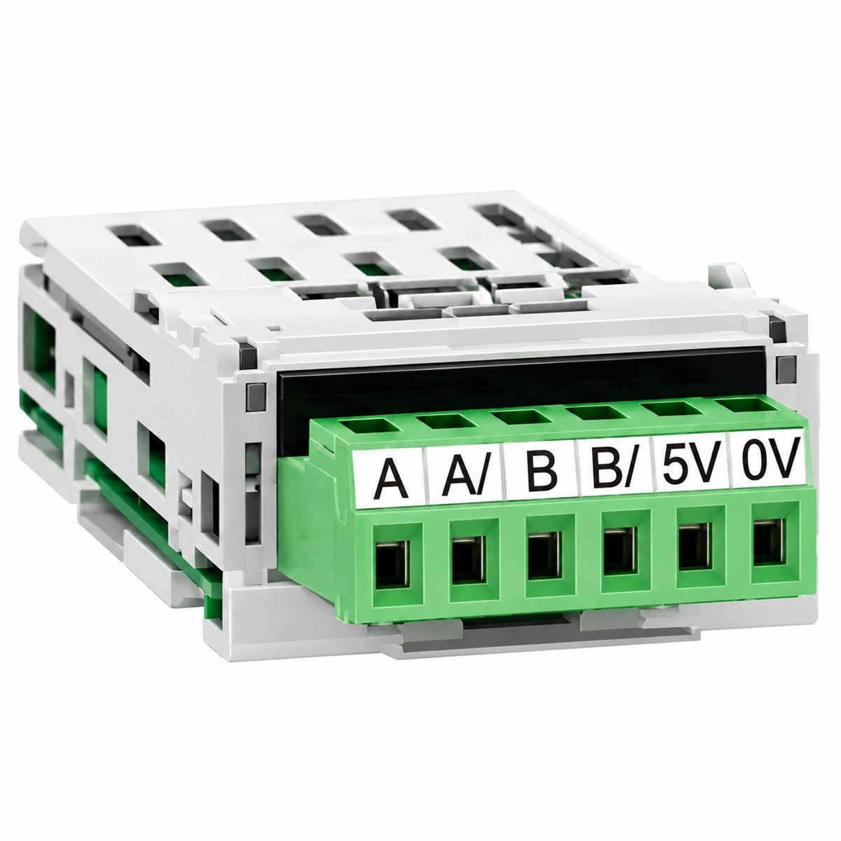 Mô-đun giám sát tốc độ cho ATV320 Schneider trên nền trắng, ảnh sản phẩm chính diện