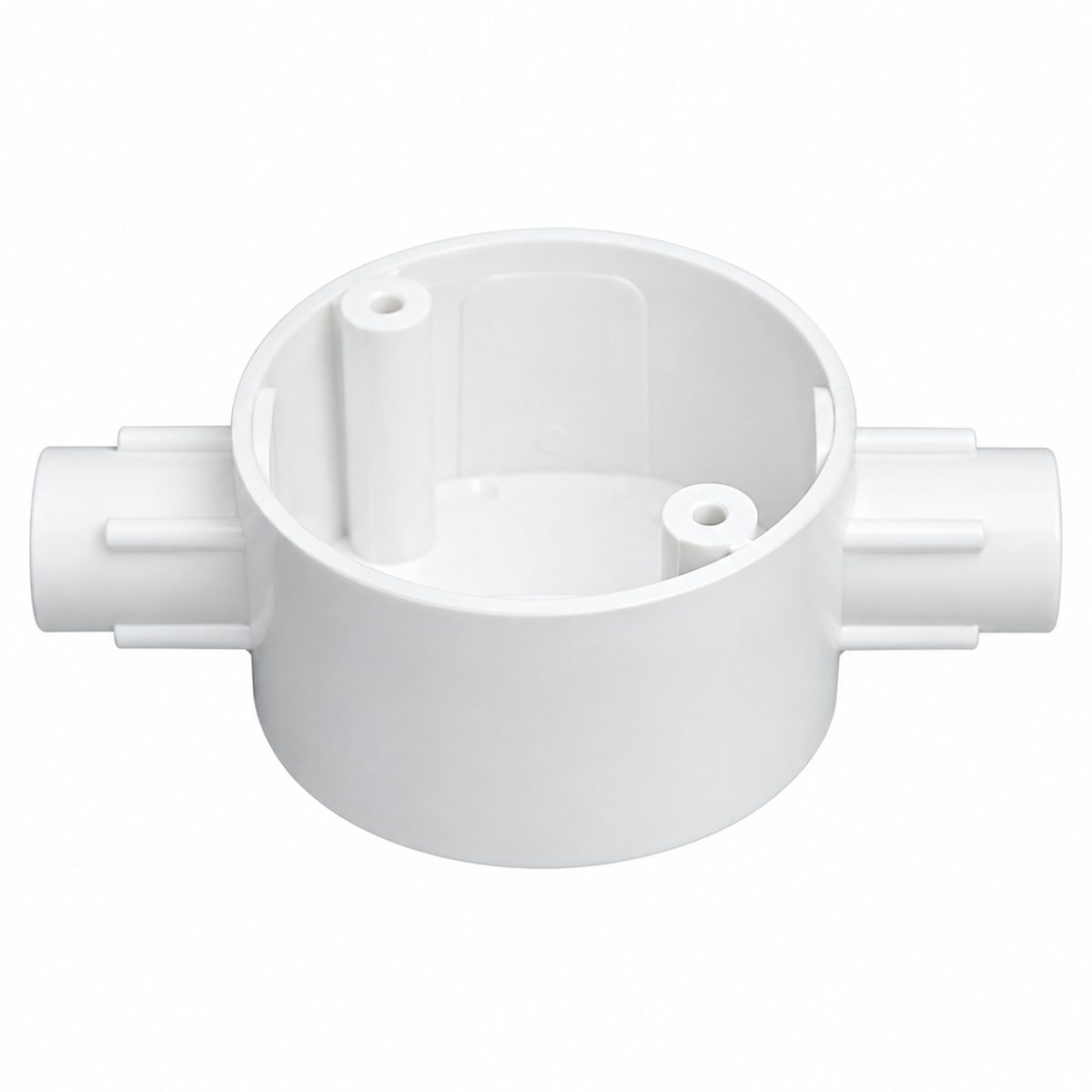 Hộp nối tròn 2 ngã thẳng ống luồn PVC Panasonic trên nền trắng, ảnh sản phẩm chính diện