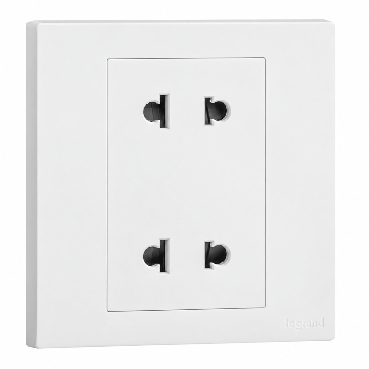 Ổ cắm đôi 2 chấu Obria Legrand trên nền trắng, ảnh sản phẩm chính diện