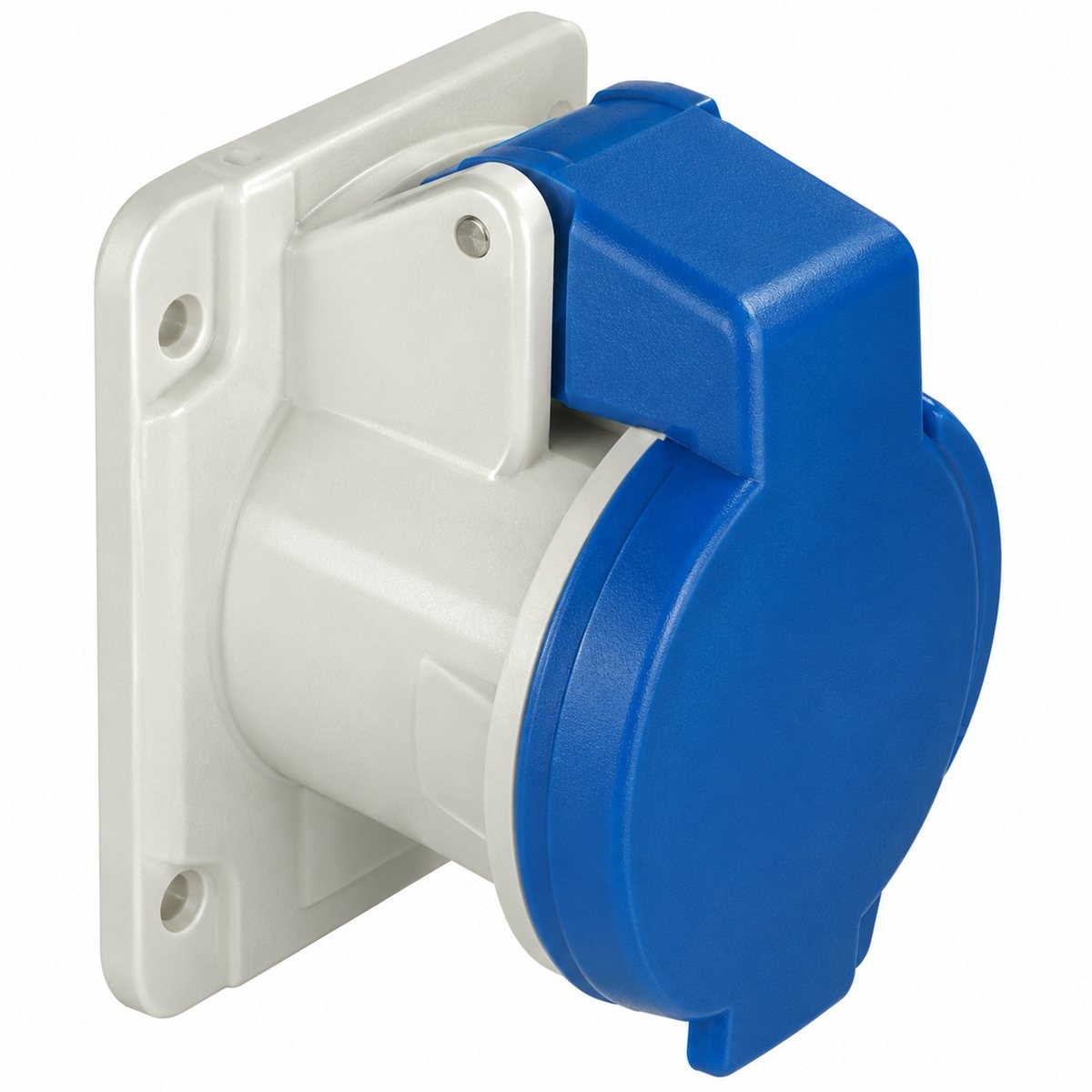 Ổ cắm gắn tủ thẳng công nghiệp PK Schneider trên nền trắng, ảnh sản phẩm chính diện