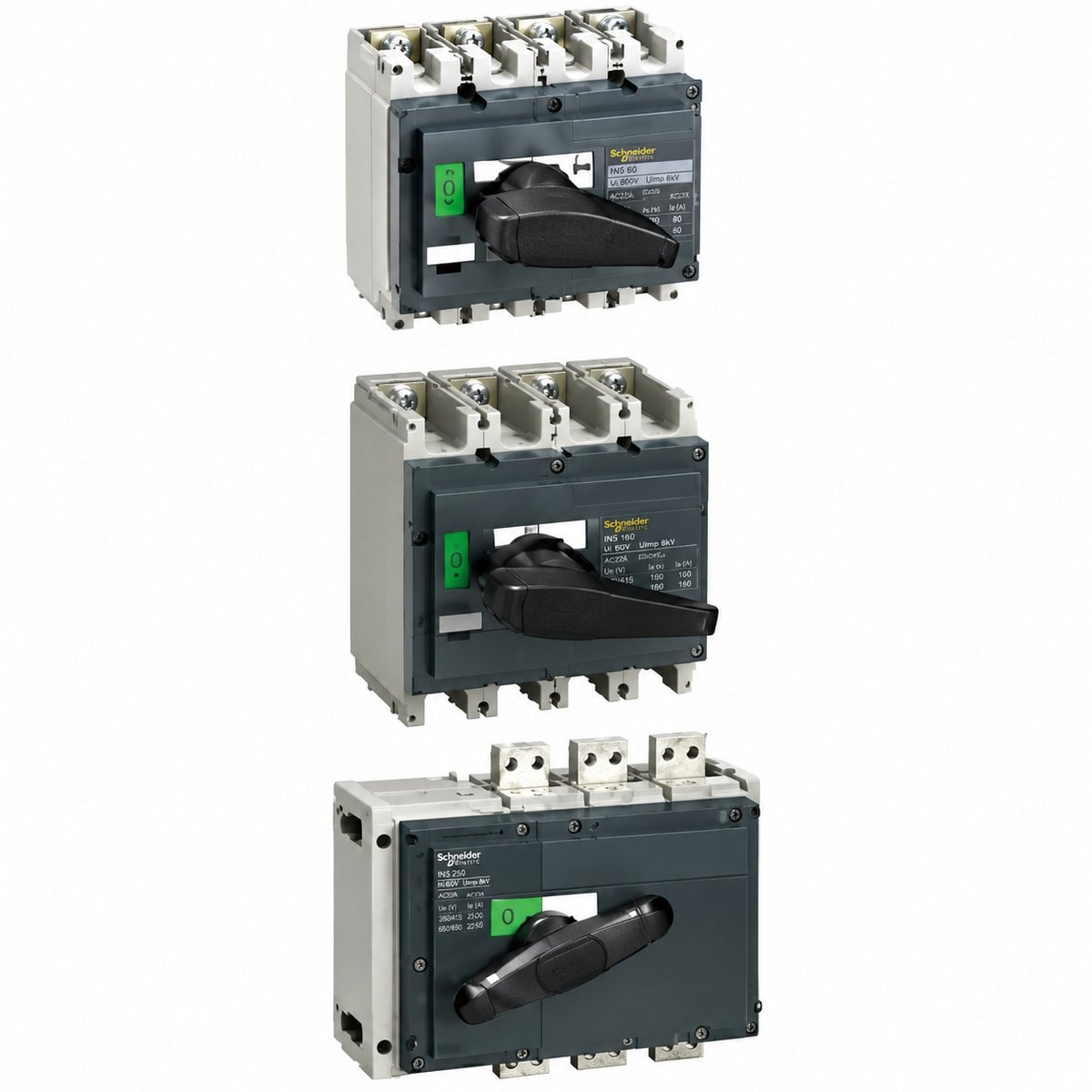 Cầu dao cắt tải Interpact INS Schneider trên nền trắng, ảnh sản phẩm chính diện