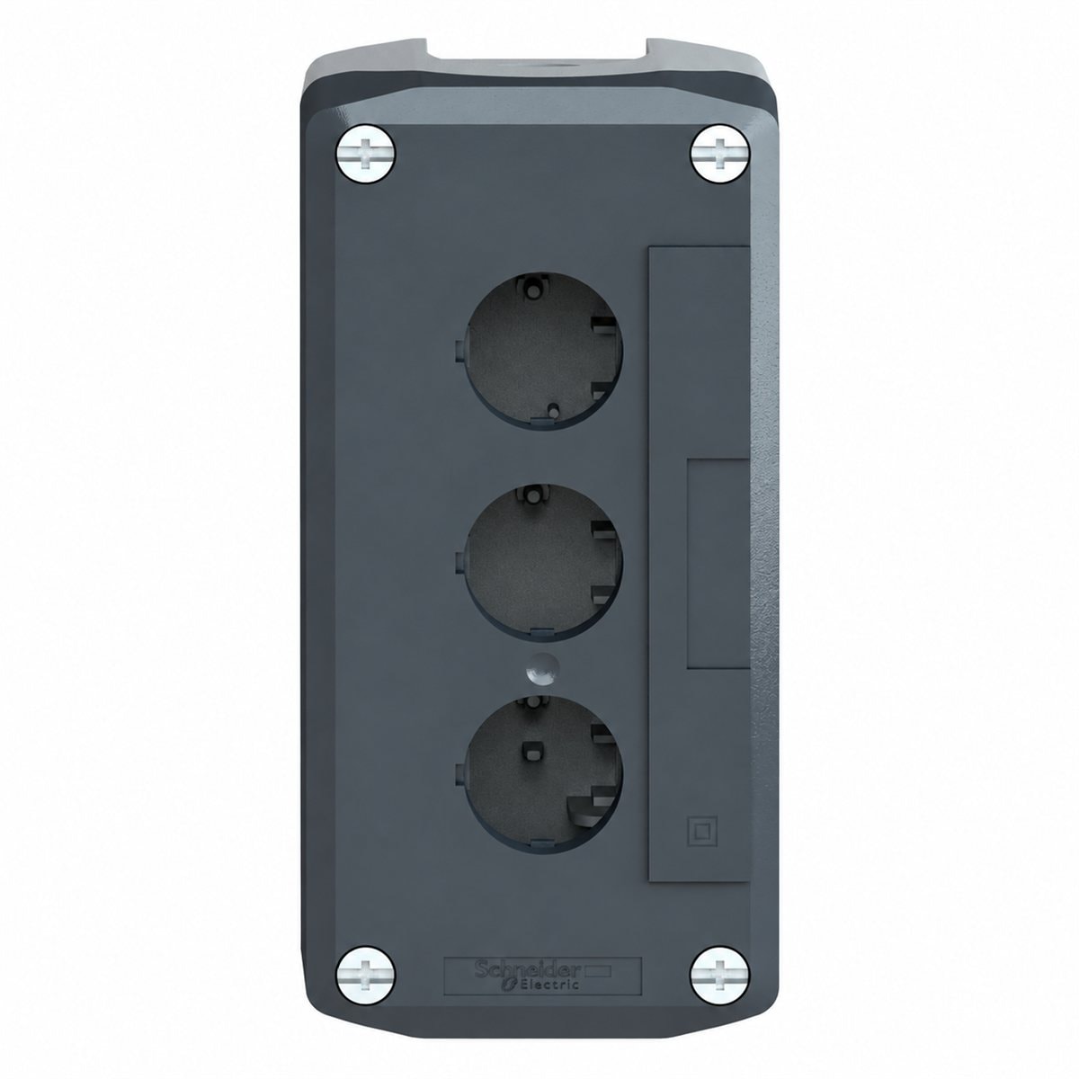 Hộp điều khiển rỗng 3 lỗ Harmony XAL Schneider trên nền trắng, ảnh sản phẩm chính diện