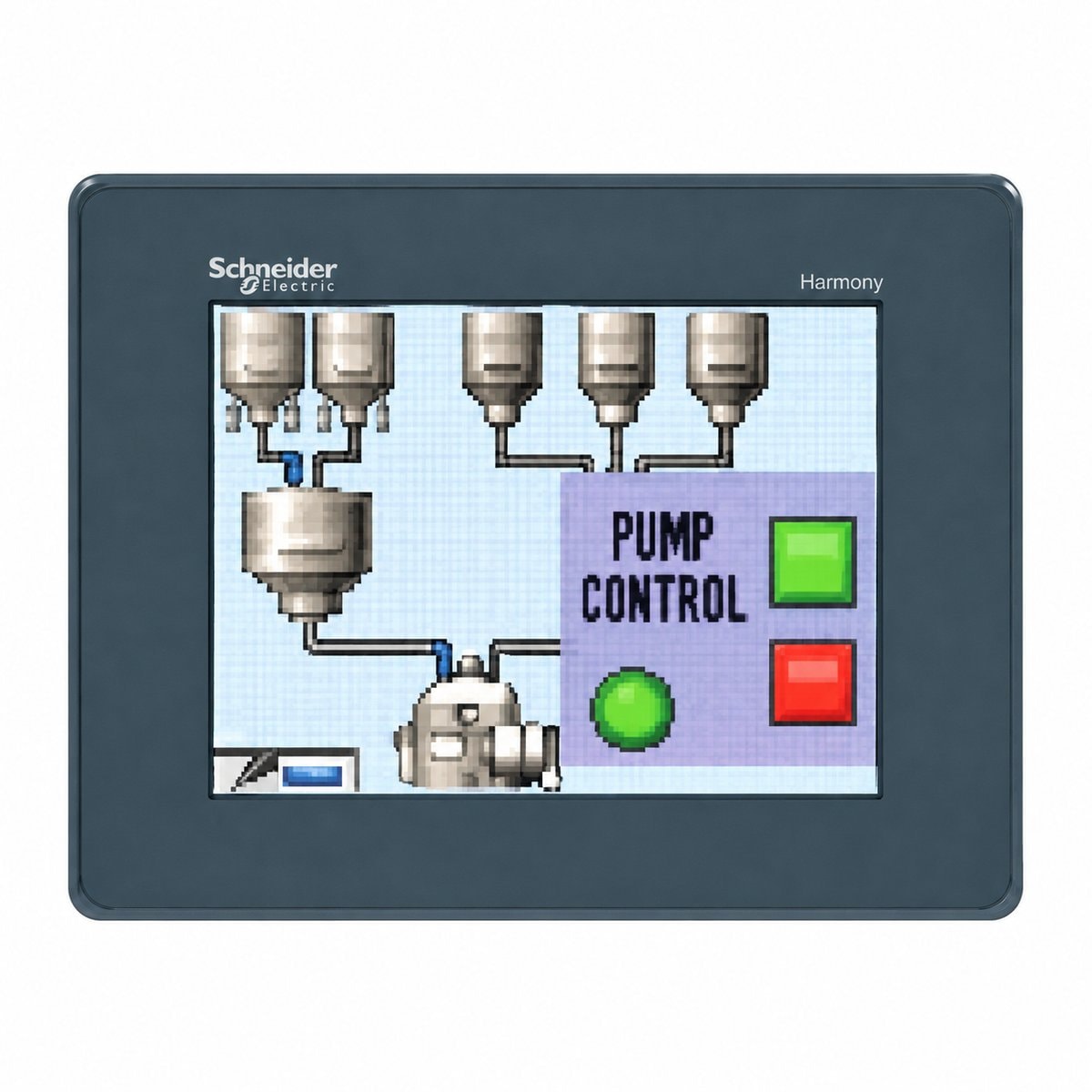Màn hình HMI Harmony GTU Schneider trên nền trắng, ảnh sản phẩm chính diện
