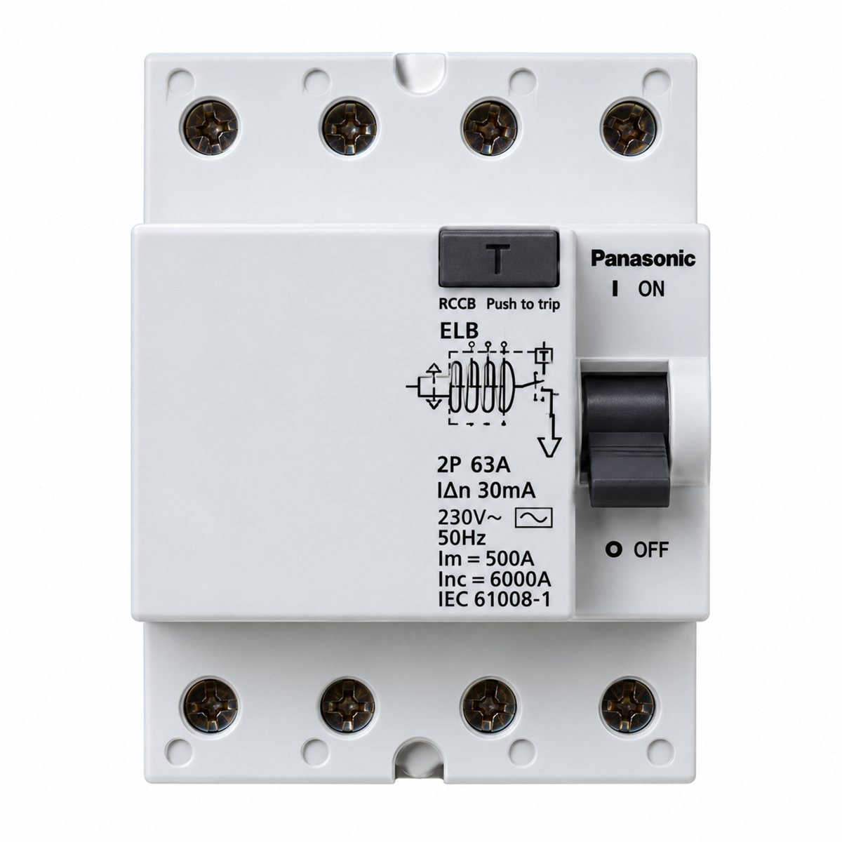Cầu dao chống rò ELB Panasonic trên nền trắng, ảnh sản phẩm chính diện