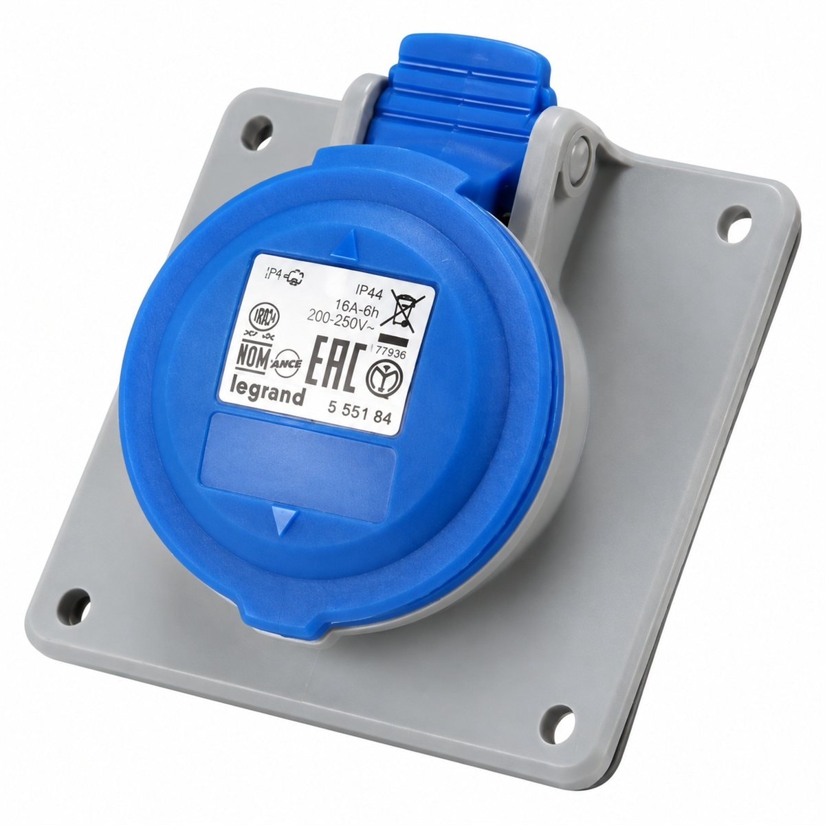 Ổ cắm gắn âm công nghiệp P17 Tempra Pro IP44 Legrand trên nền trắng, ảnh sản phẩm chính diện