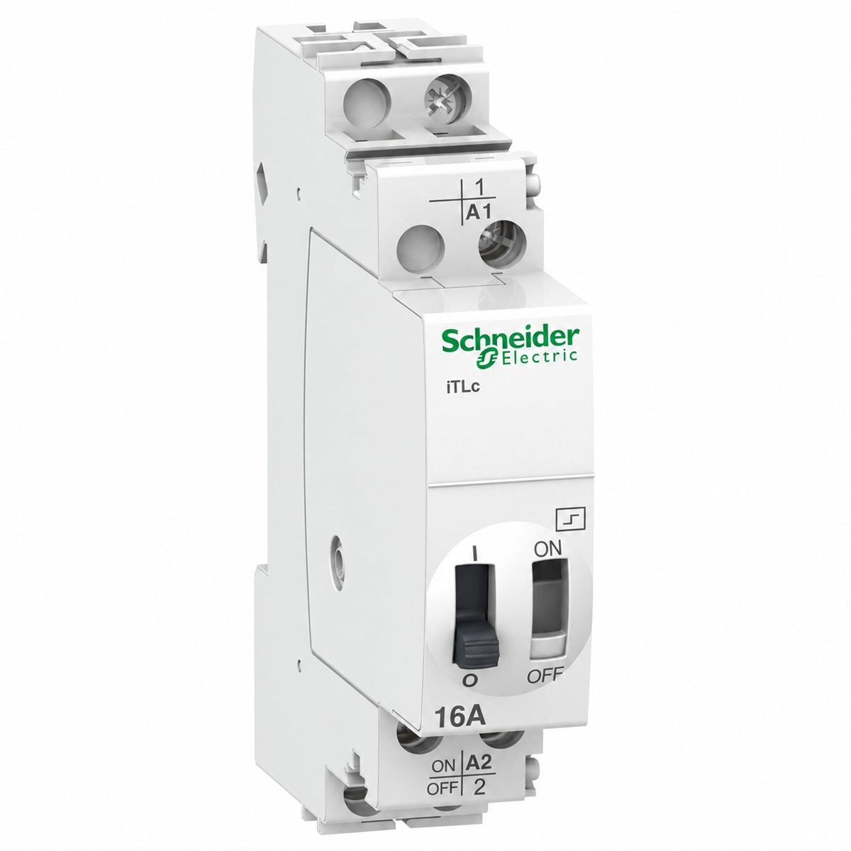 Rơ le xung điều khiển tập trung Acti9 iTLc Schneider trên nền trắng, ảnh sản phẩm chính diện