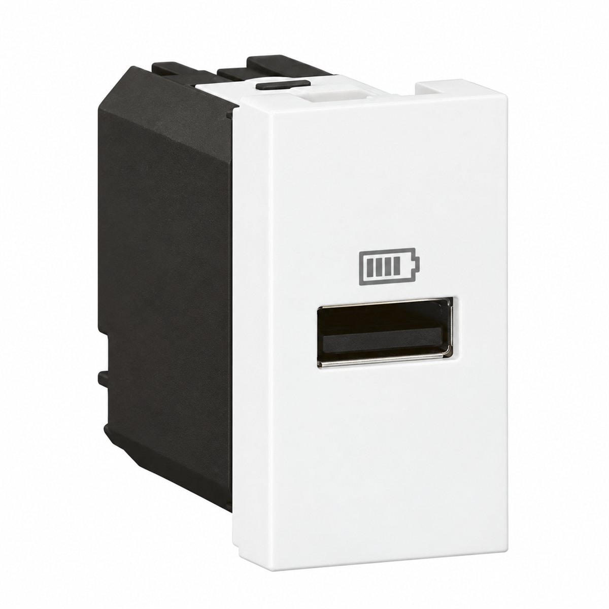Ổ sạc USB đơn type A, 15W, 1 mô-đun Mosaic cho hộp âm sàn Legrand trên nền trắng, ảnh sản phẩm chính diện