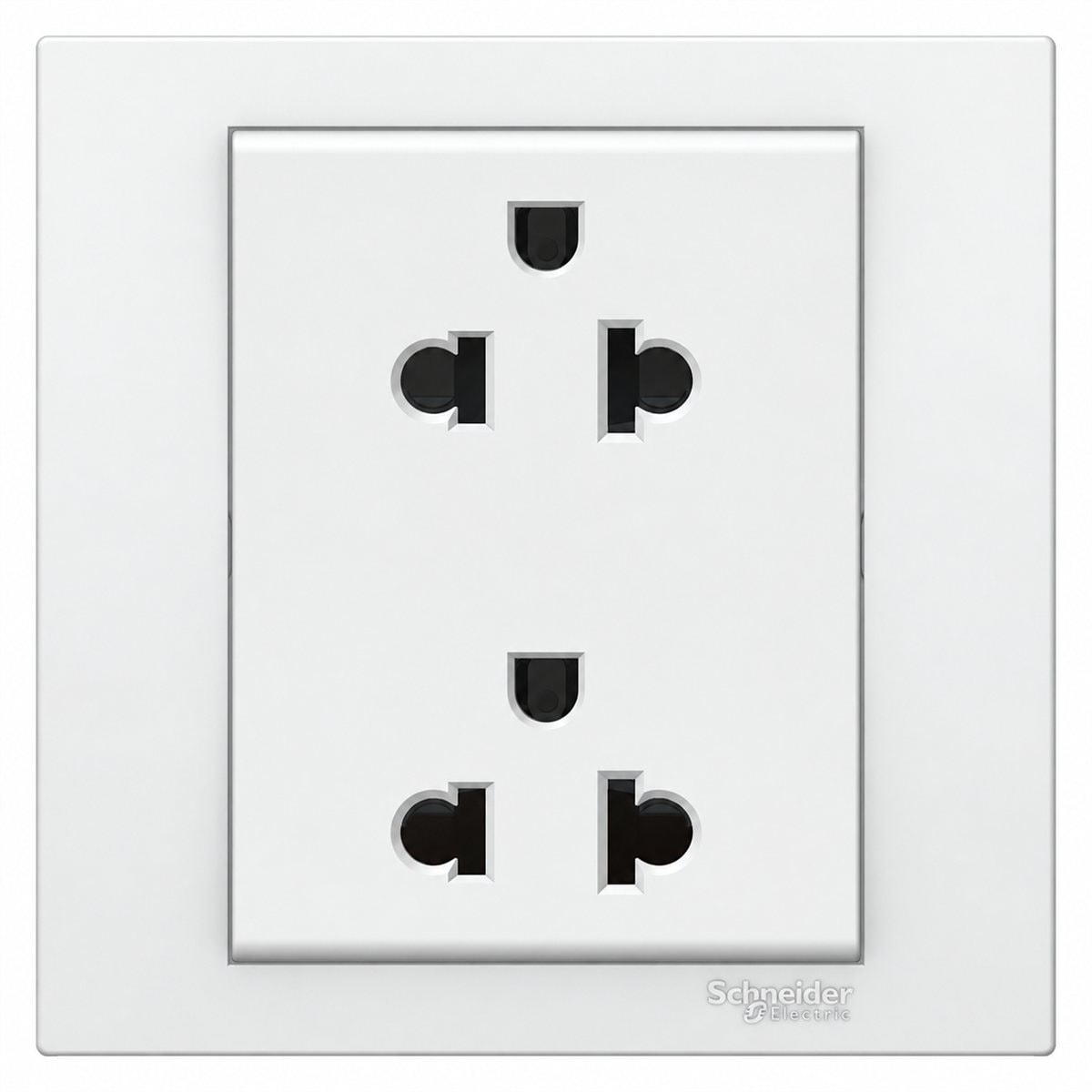 Ổ cắm 3 chấu đôi Vivace Schneider trên nền trắng, ảnh sản phẩm chính diện