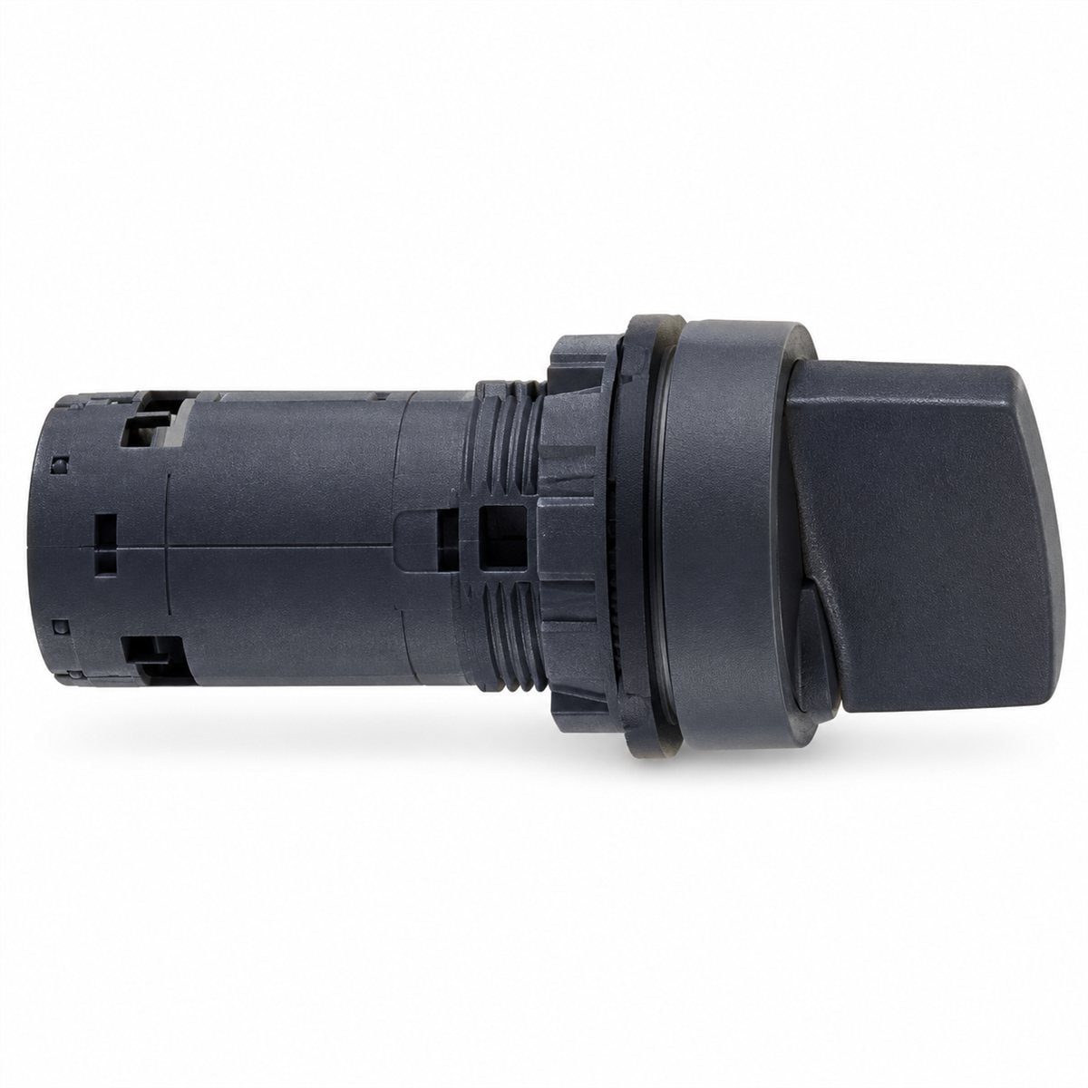 Công tắc xoay tay nắm đen Harmony XB7 Ø22 Schneider trên nền trắng, ảnh sản phẩm chính diện