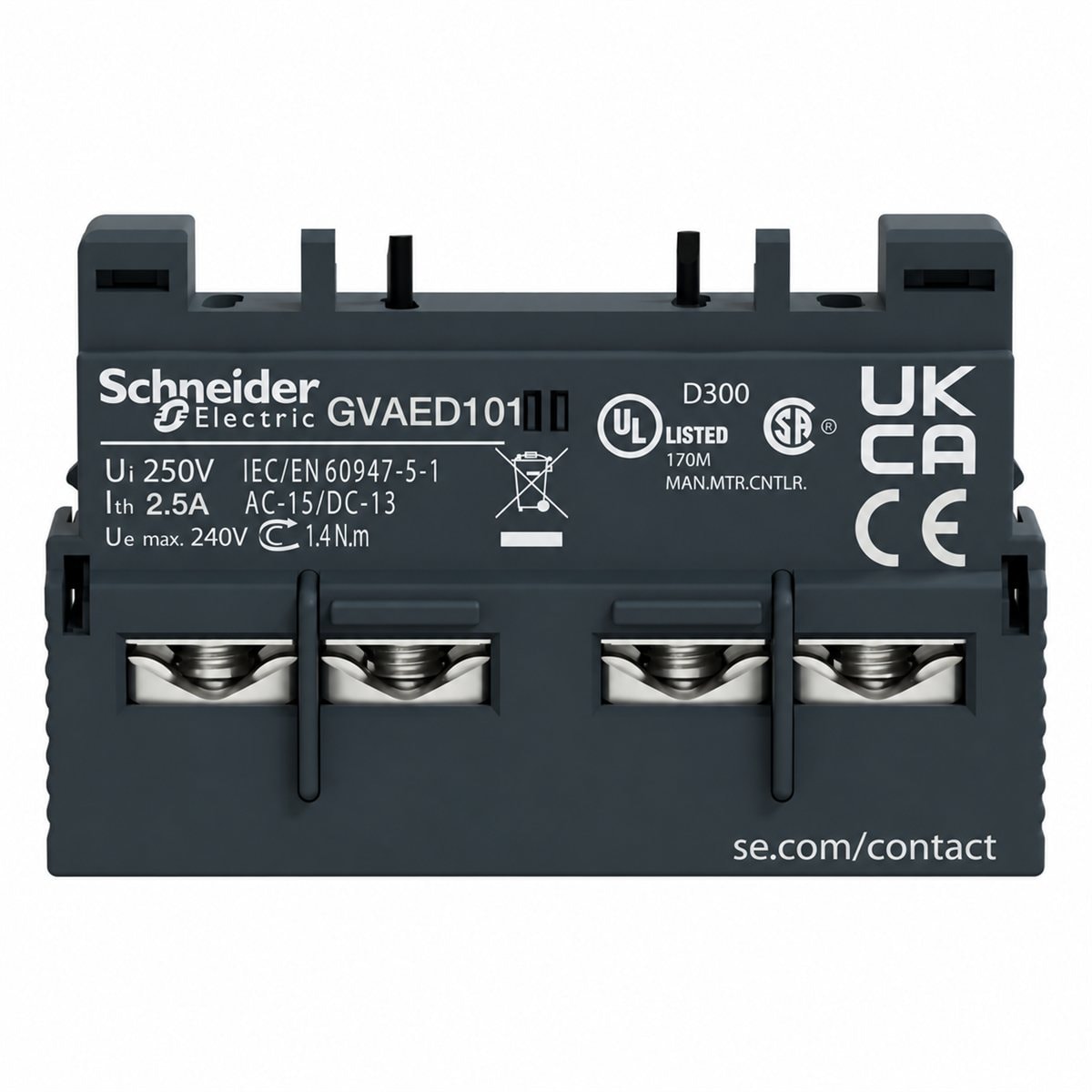 Khối tiếp điểm phụ TeSys GV3 Schneider trên nền trắng, ảnh sản phẩm chính diện