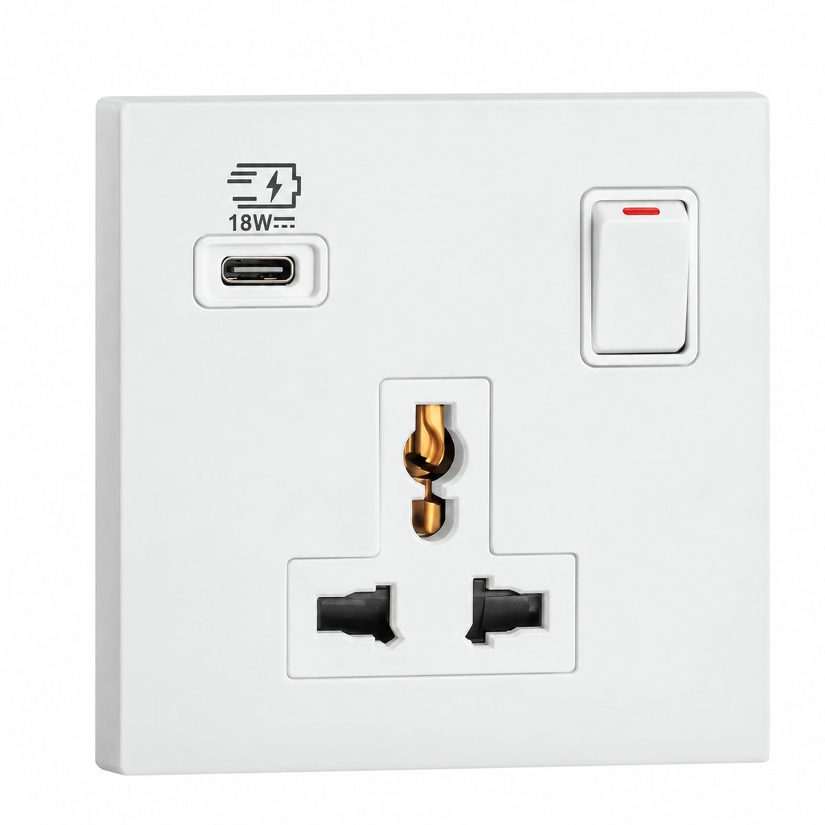 Ổ cắm đa năng có công tắc và ổ sạc USB Type C Obria Legrand trên nền trắng, ảnh sản phẩm chính diện