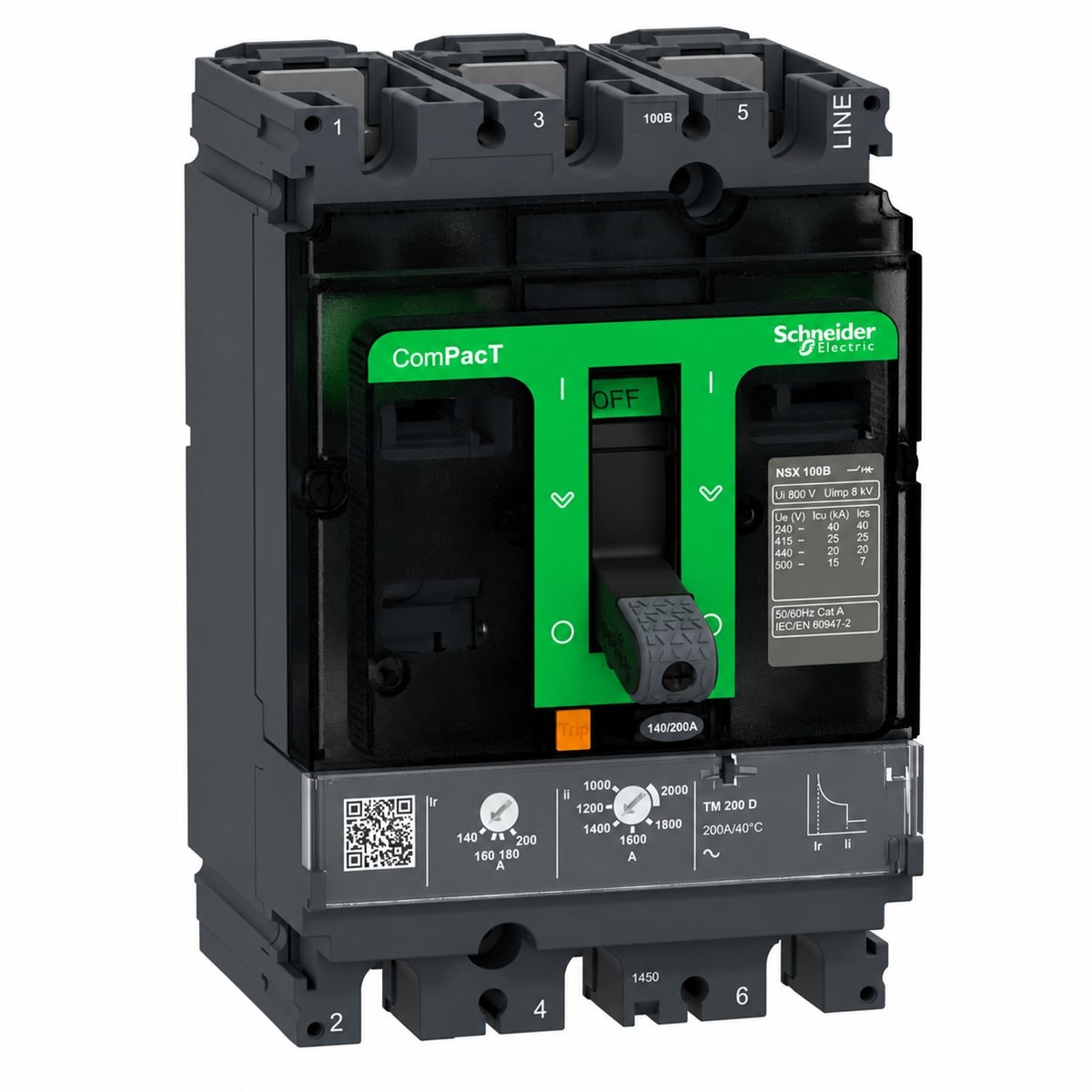 MCCB ComPacT NSX100 B/F cố định Schneider trên nền trắng, ảnh sản phẩm chính diện
