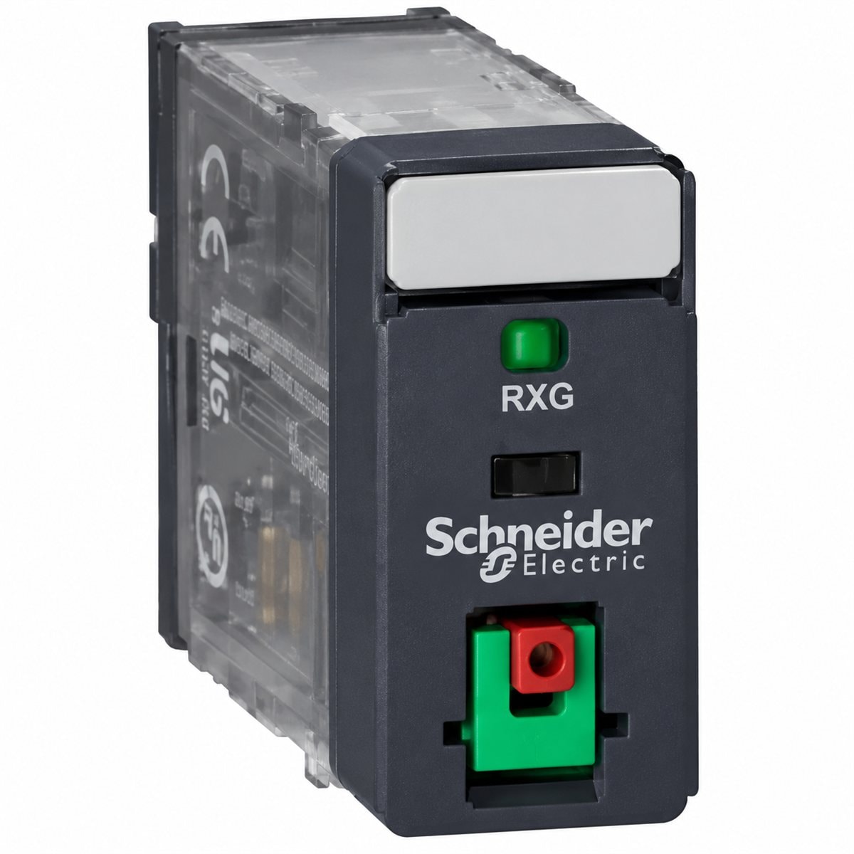 Rơ le trung gian Harmony RXG Schneider trên nền trắng, ảnh sản phẩm chính diện