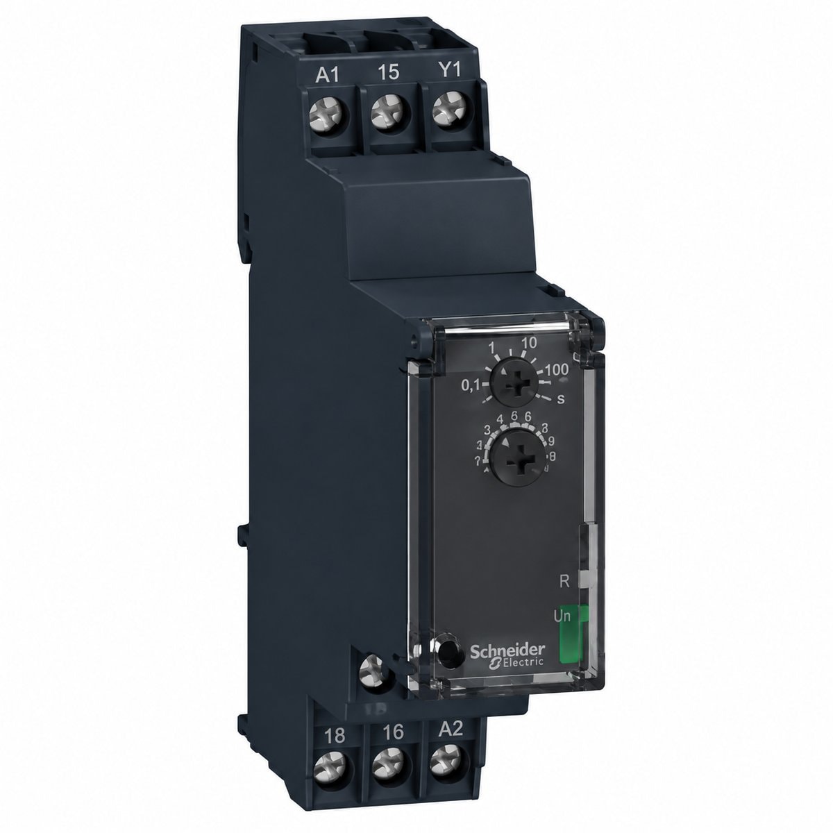 Rơ le thời gian RE22 Schneider trên nền trắng, ảnh sản phẩm chính diện