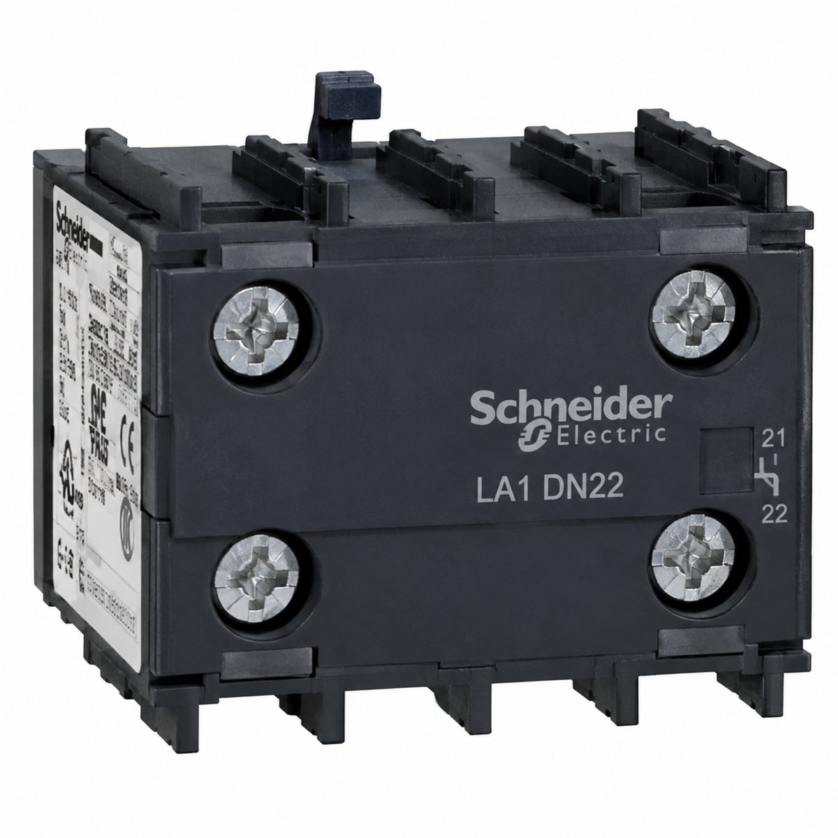 Khối tiếp điểm phụ TeSys K LA1K Schneider trên nền trắng, ảnh sản phẩm chính diện