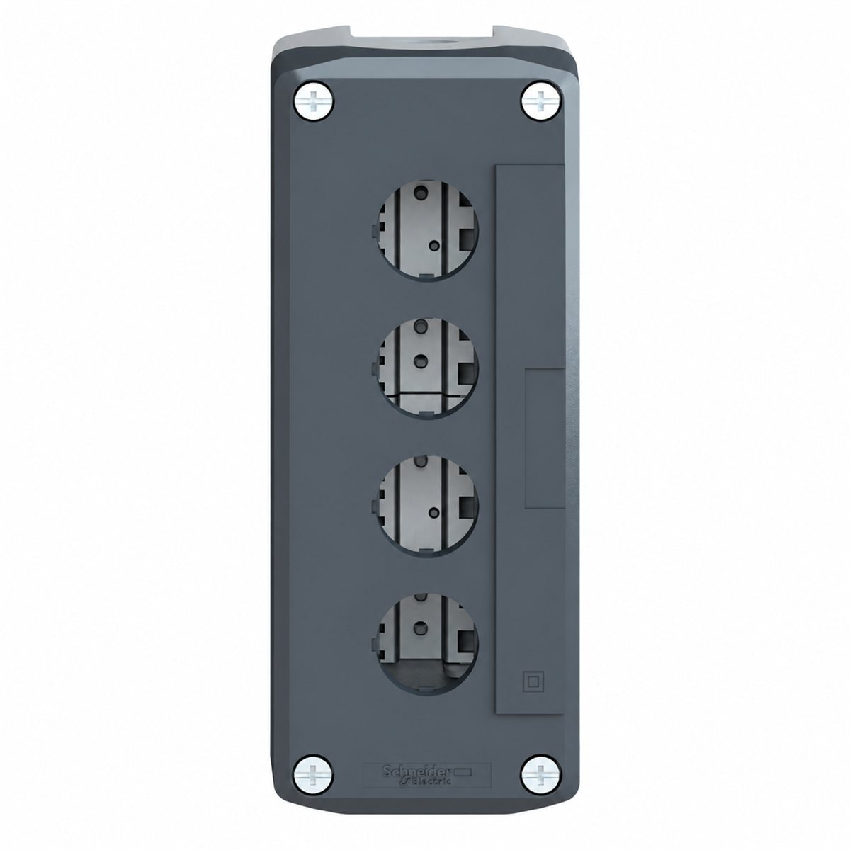 Hộp điều khiển rỗng 4 lỗ Harmony XAL Schneider trên nền trắng, ảnh sản phẩm chính diện