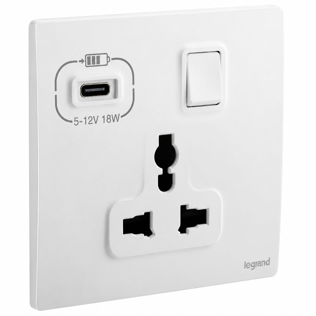Ổ cắm đa năng có công tắc và ổ sạc USB Type C Mallia Senses Legrand trên nền trắng, ảnh sản phẩm chính diện