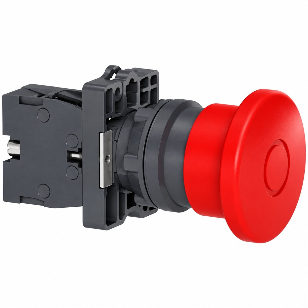 Nút dừng khẩn nhấn-kéo nhả Harmony XA2 Ø22 Schneider trên nền trắng, ảnh sản phẩm chính diện
