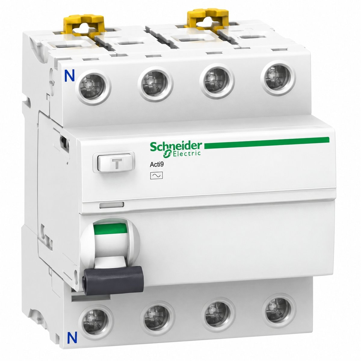 Cầu dao chống rò Acti9 RCCB và RCBO Schneider trên nền trắng, ảnh sản phẩm chính diện