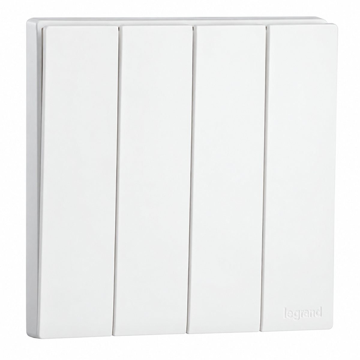 Công tắc bốn 1 chiều Obria Legrand trên nền trắng, ảnh sản phẩm chính diện