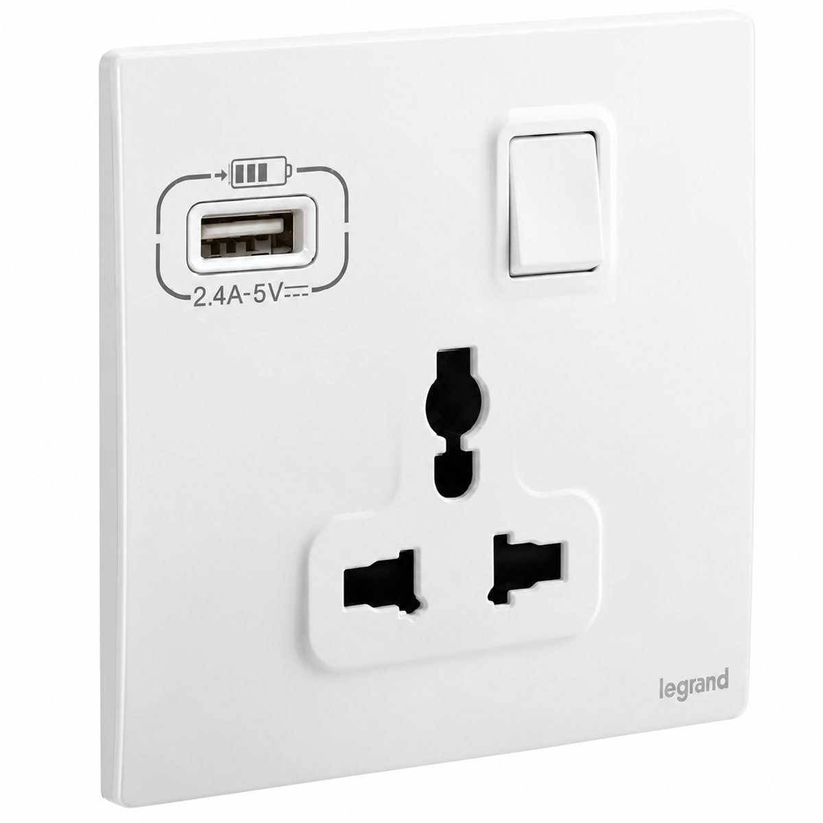Ổ cắm đa năng có công tắc và ổ sạc USB Type A Mallia Senses Legrand trên nền trắng, ảnh sản phẩm chính diện