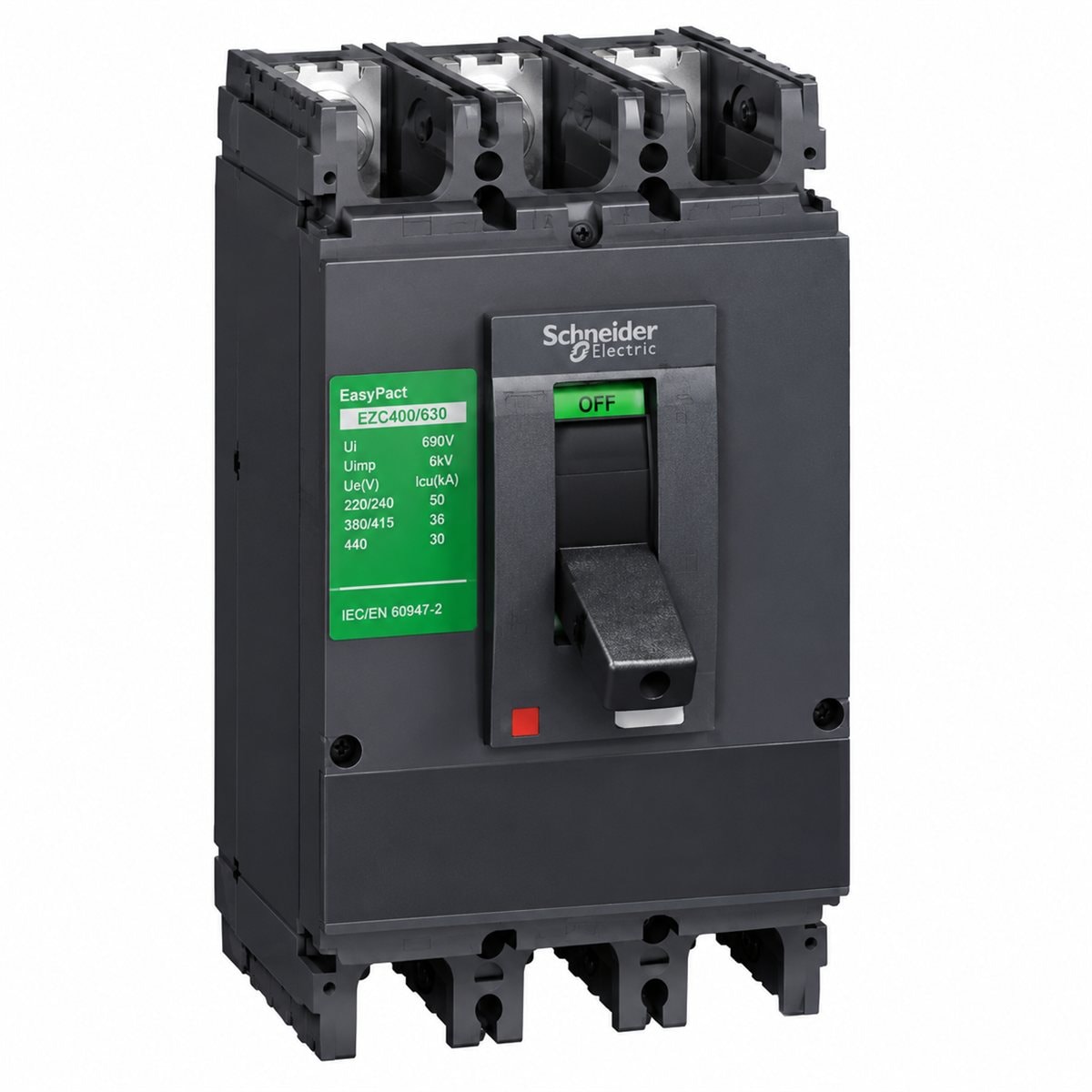 MCCB EasyPact EZC400/630 Schneider trên nền trắng, ảnh sản phẩm chính diện