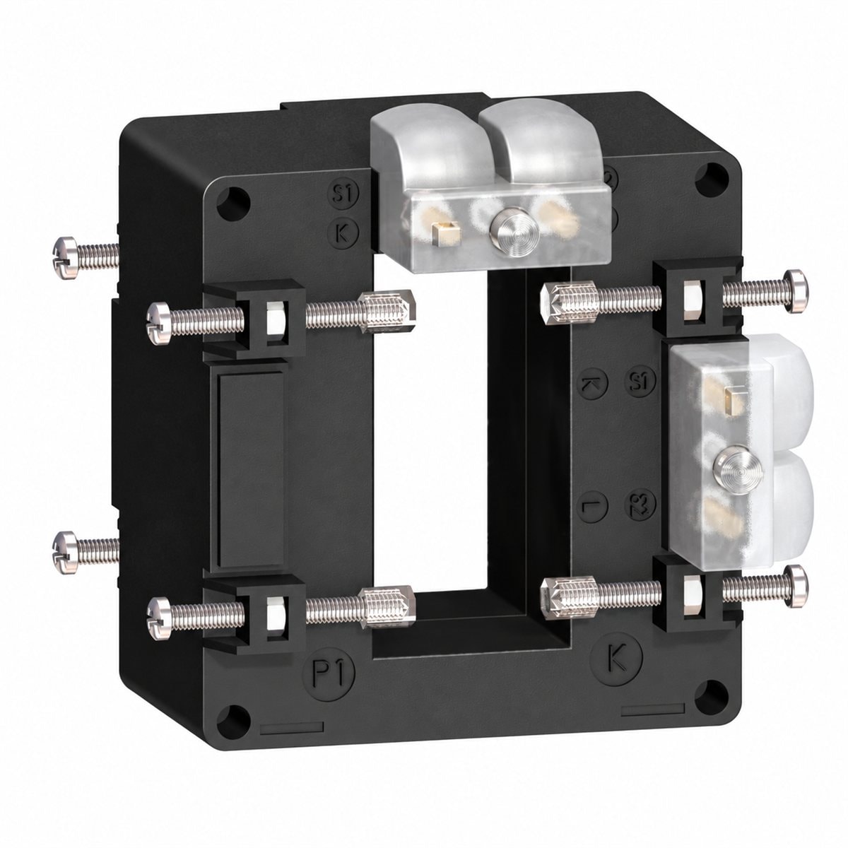 Máy biến dòng Ip/5A Type D (thanh, 2 đầu thứ cấp) Schneider trên nền trắng, ảnh sản phẩm chính diện
