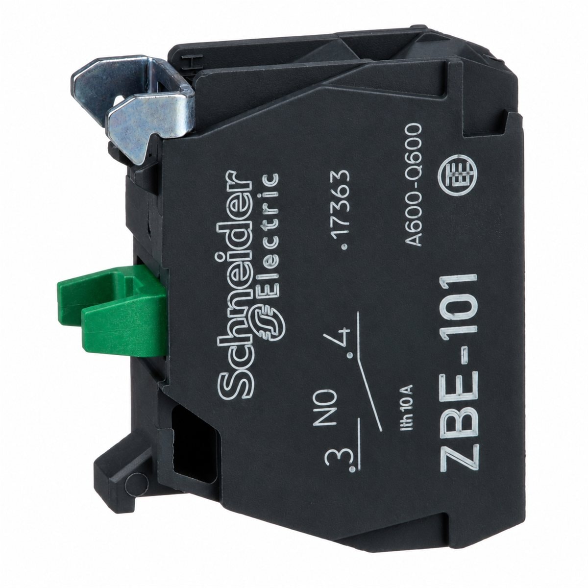 Khối tiếp điểm Harmony XB5 Schneider trên nền trắng, ảnh sản phẩm chính diện