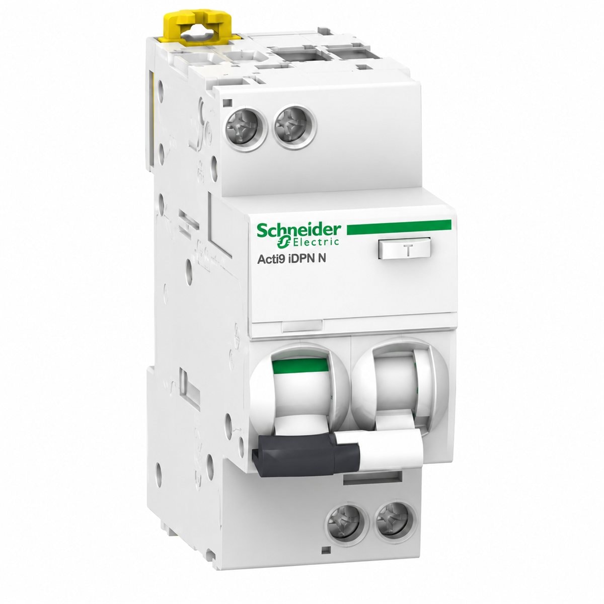 RCBO Acti9 iDPN N Schneider trên nền trắng, ảnh sản phẩm chính diện