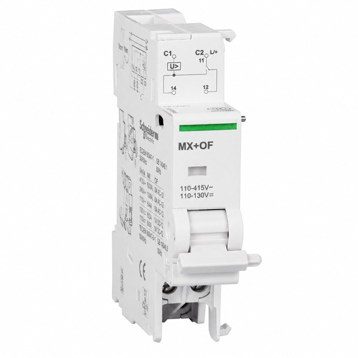 Cuộn shunt iMX+iOF cho Acti9 C60H-DC, C120 Schneider trên nền trắng, ảnh sản phẩm chính diện