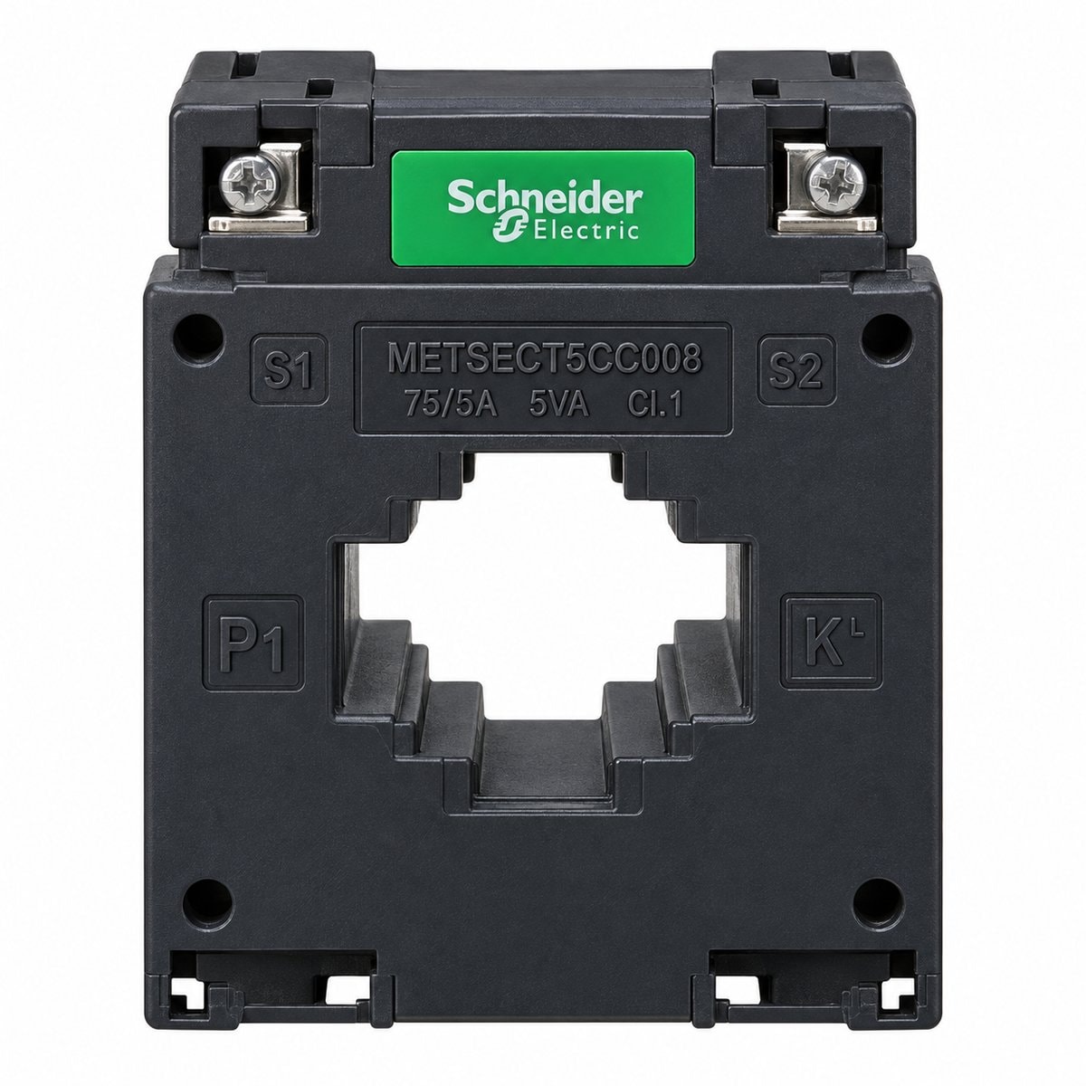 Máy biến dòng tỷ lệ Ip/5A Schneider trên nền trắng, ảnh sản phẩm chính diện