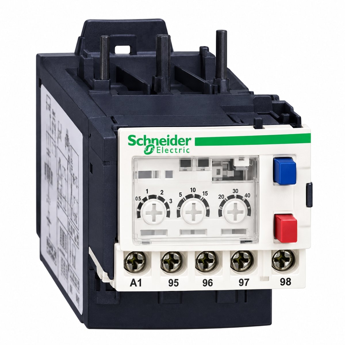 Rơ le quá dòng điện tử EOCR LR97 Schneider trên nền trắng, ảnh sản phẩm chính diện