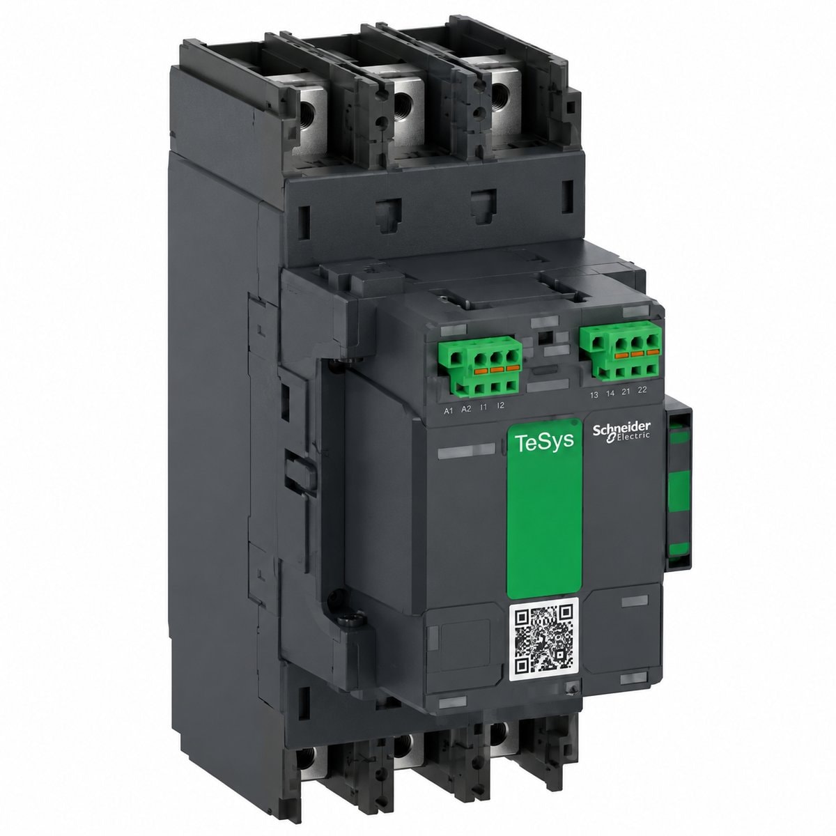 Khởi động từ TeSys Giga LC1G và phụ kiện Schneider trên nền trắng, ảnh sản phẩm chính diện