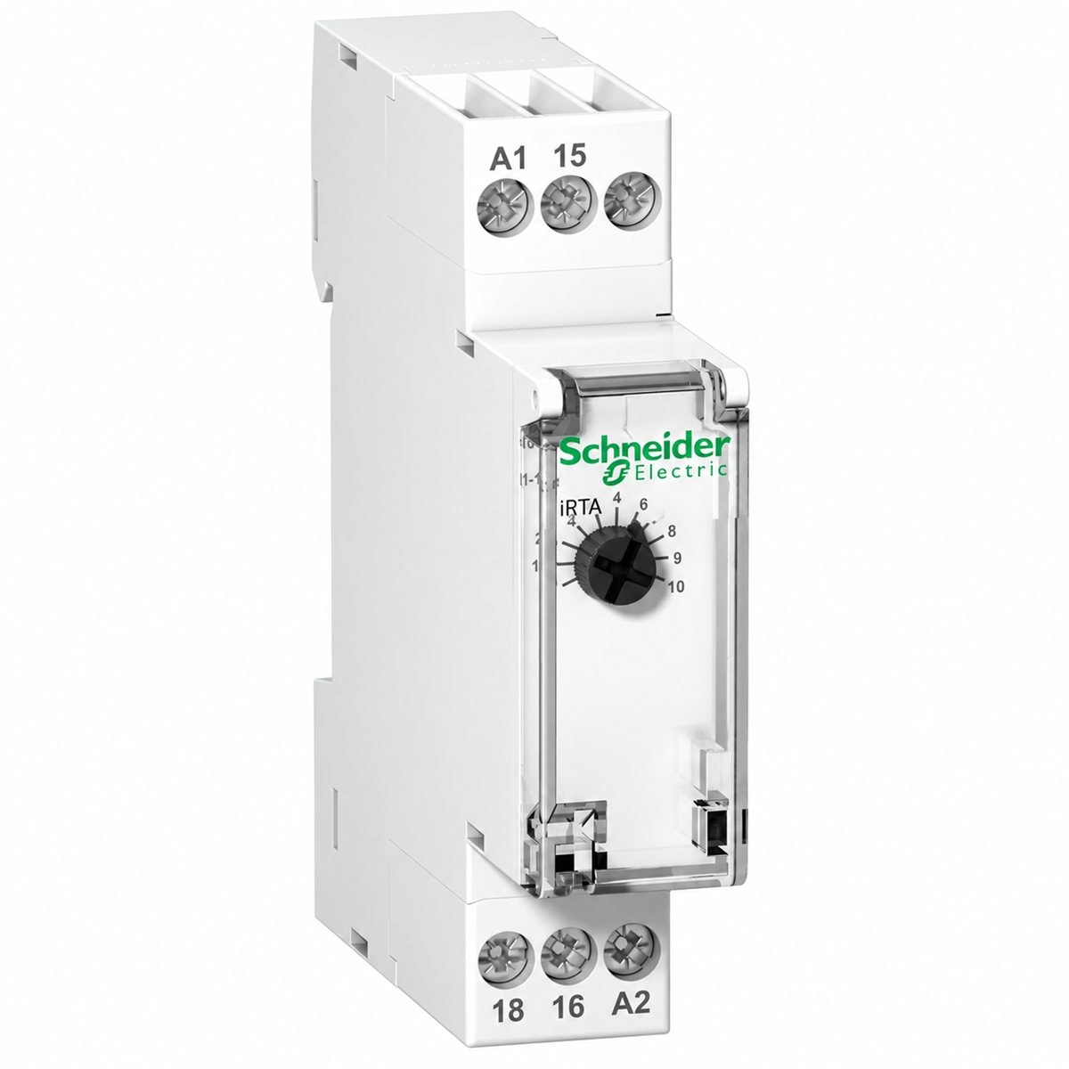 Rơ le thời gian Acti9 iRT Schneider trên nền trắng, ảnh sản phẩm chính diện