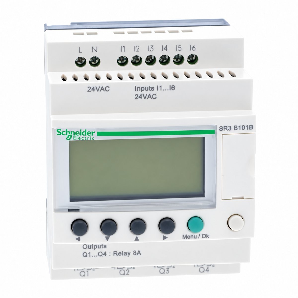 Rơ le thông minh Zelio Logic Modular, có màn hình Schneider trên nền trắng, ảnh sản phẩm chính diện