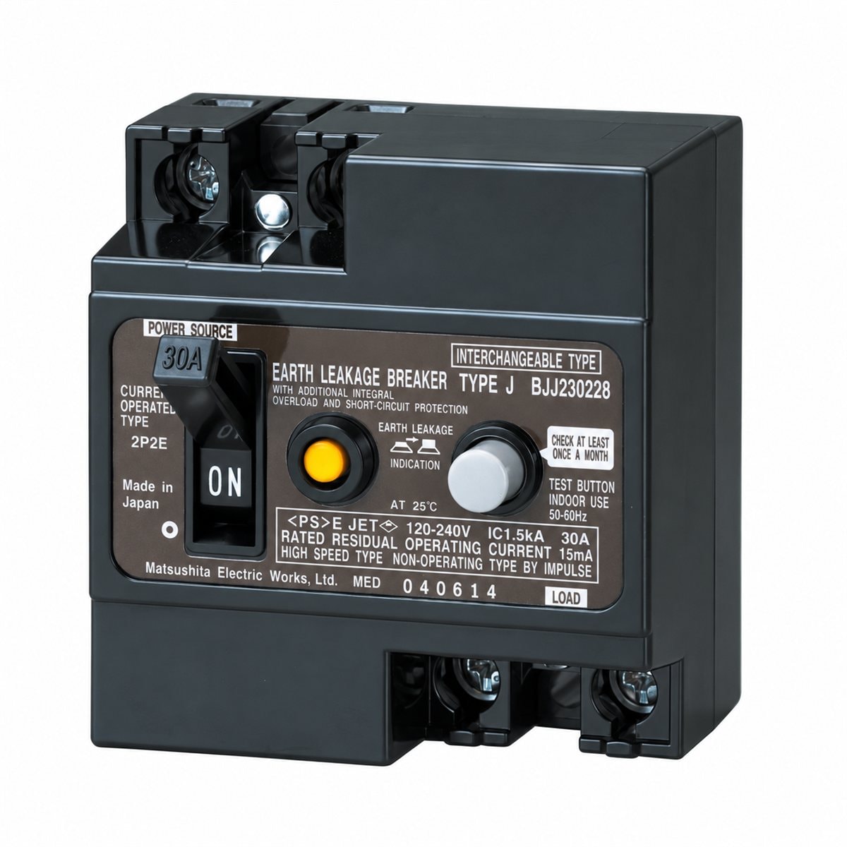 Bộ cầu dao an toàn 2P2E Panasonic trên nền trắng, ảnh sản phẩm chính diện