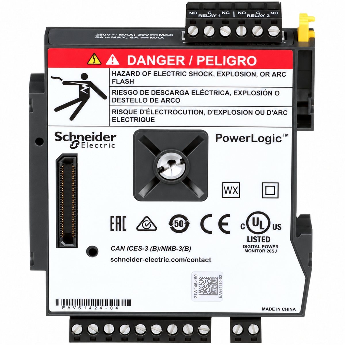 Mô-đun I/O cho đồng hồ PM8000 Schneider trên nền trắng, ảnh sản phẩm chính diện