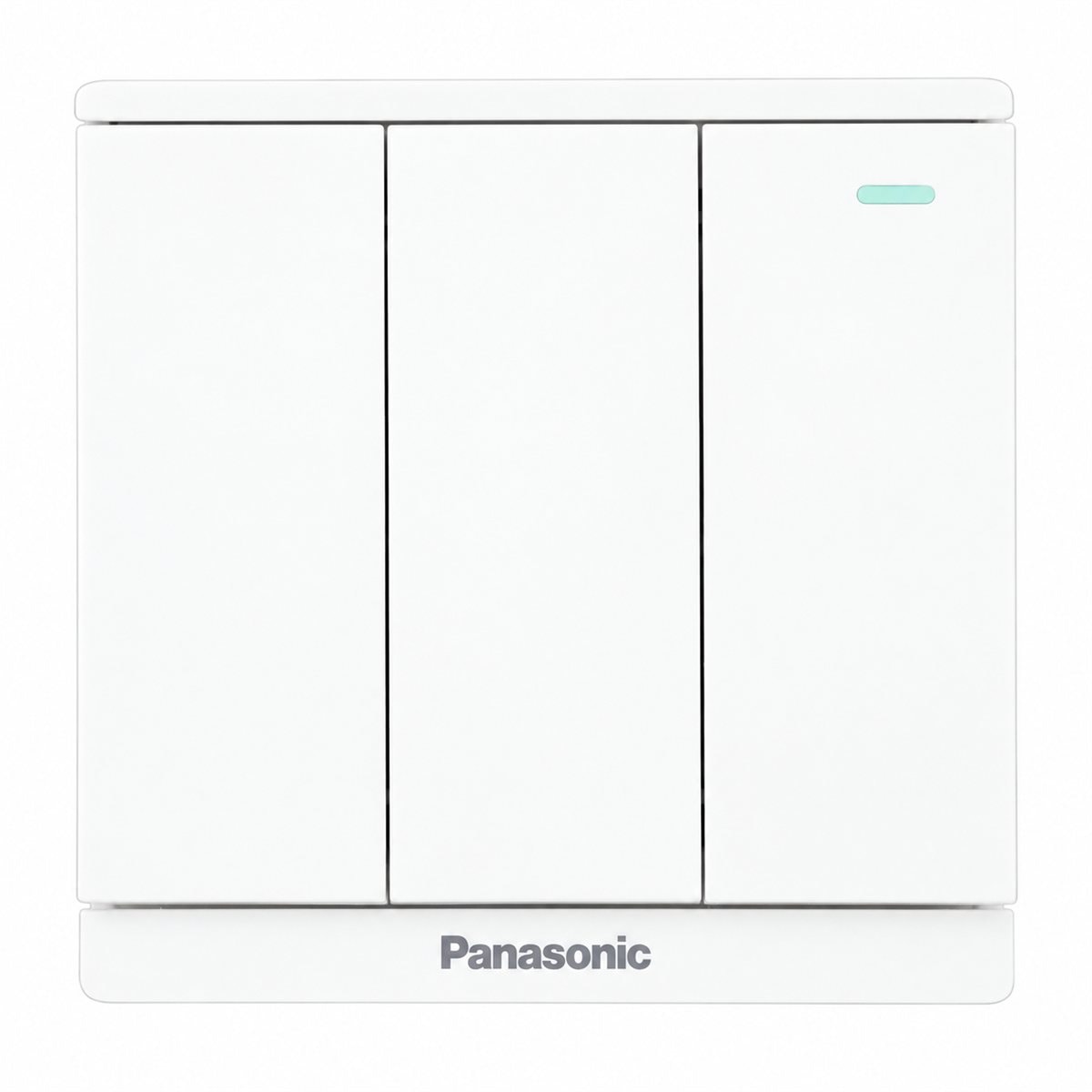 Bộ 3 công tắc C, 2 chiều, dạ quang Moderva Panasonic trên nền trắng, ảnh sản phẩm chính diện