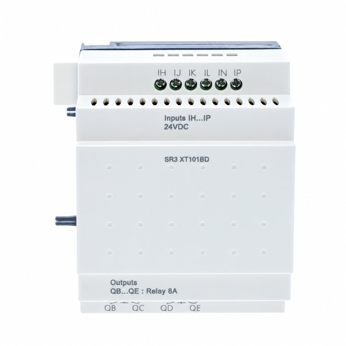 Mô-đun mở rộng I/O Zelio Logic SR3 Schneider trên nền trắng, ảnh sản phẩm chính diện