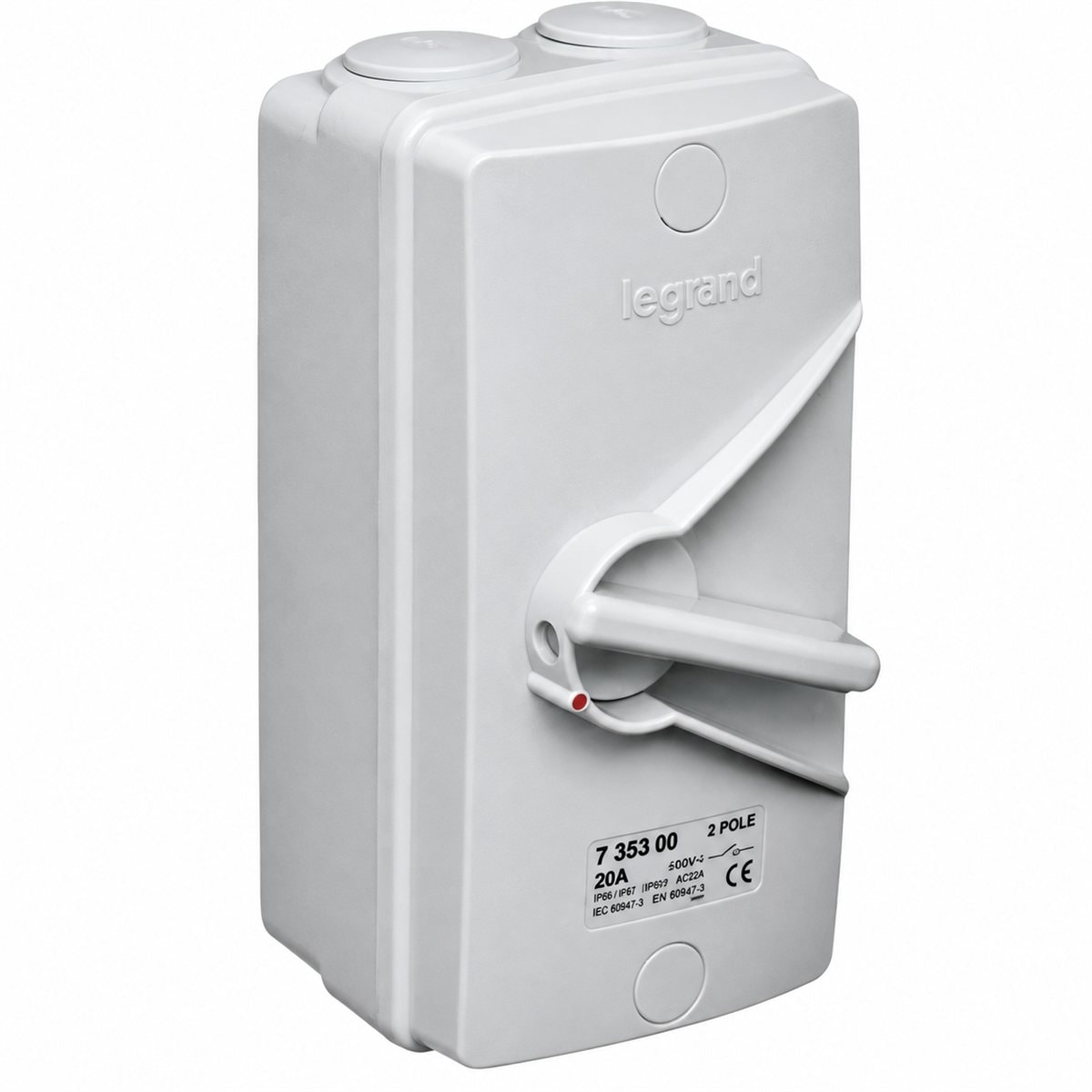 Công tắc ngắt điện chống thấm nước IP66 Legrand trên nền trắng, ảnh sản phẩm chính diện